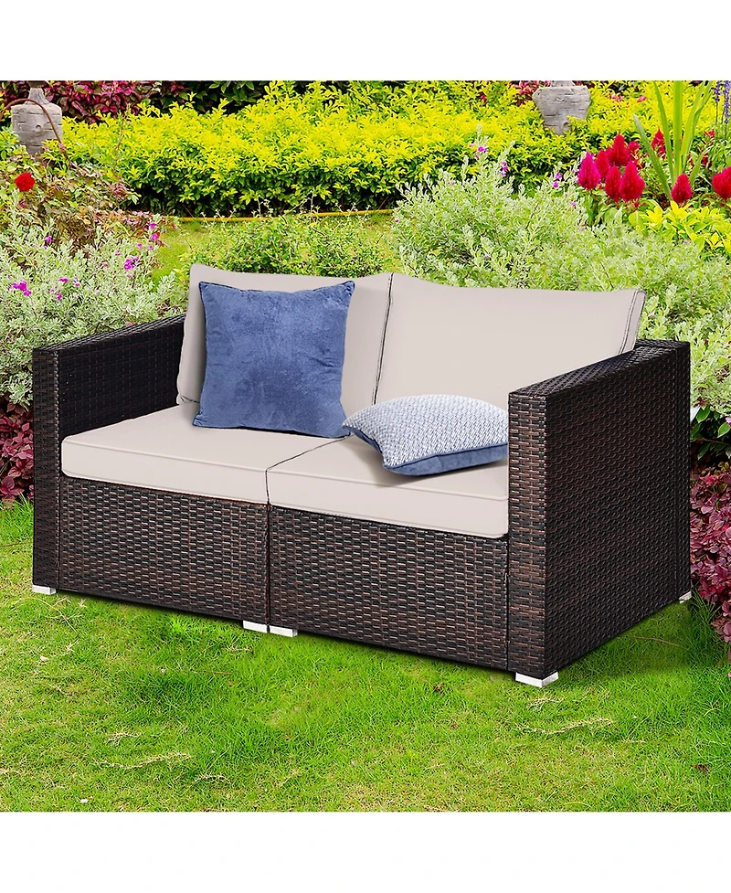 Gymax 2PCS Rattan Corner Sofa Set Patio Outdoor Furniture Set w/ 4 Beige Cushions