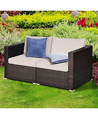 Gymax 2PCS Rattan Corner Sofa Set Patio Outdoor Furniture Set w/ 4 Beige Cushions