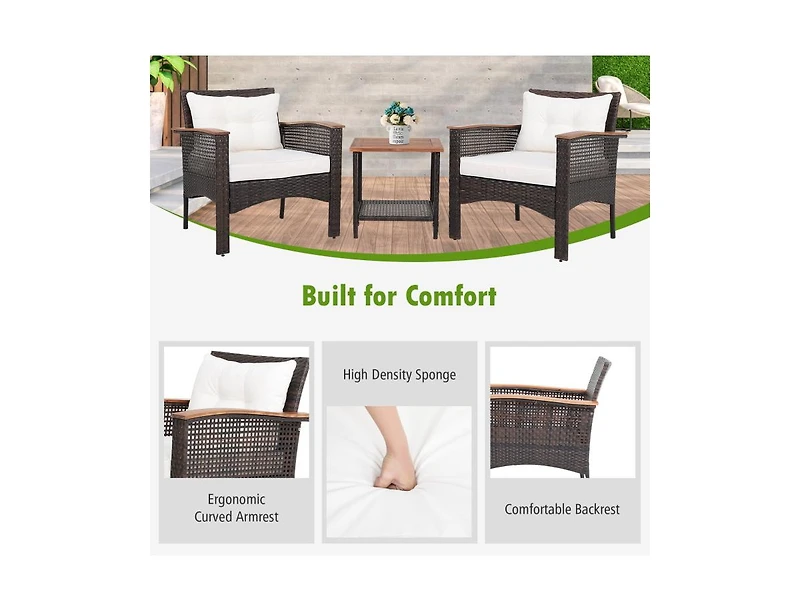 Slickblue 3 Pieces Patio Rattan Furniture Set with Acacia Wood Tabletop