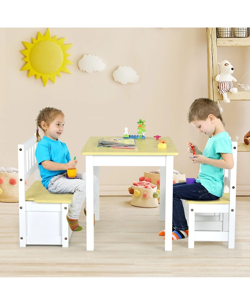 4 Pcs Kids Wooden Activity Table & Chairs Set w/ Storage Bench Study Desk