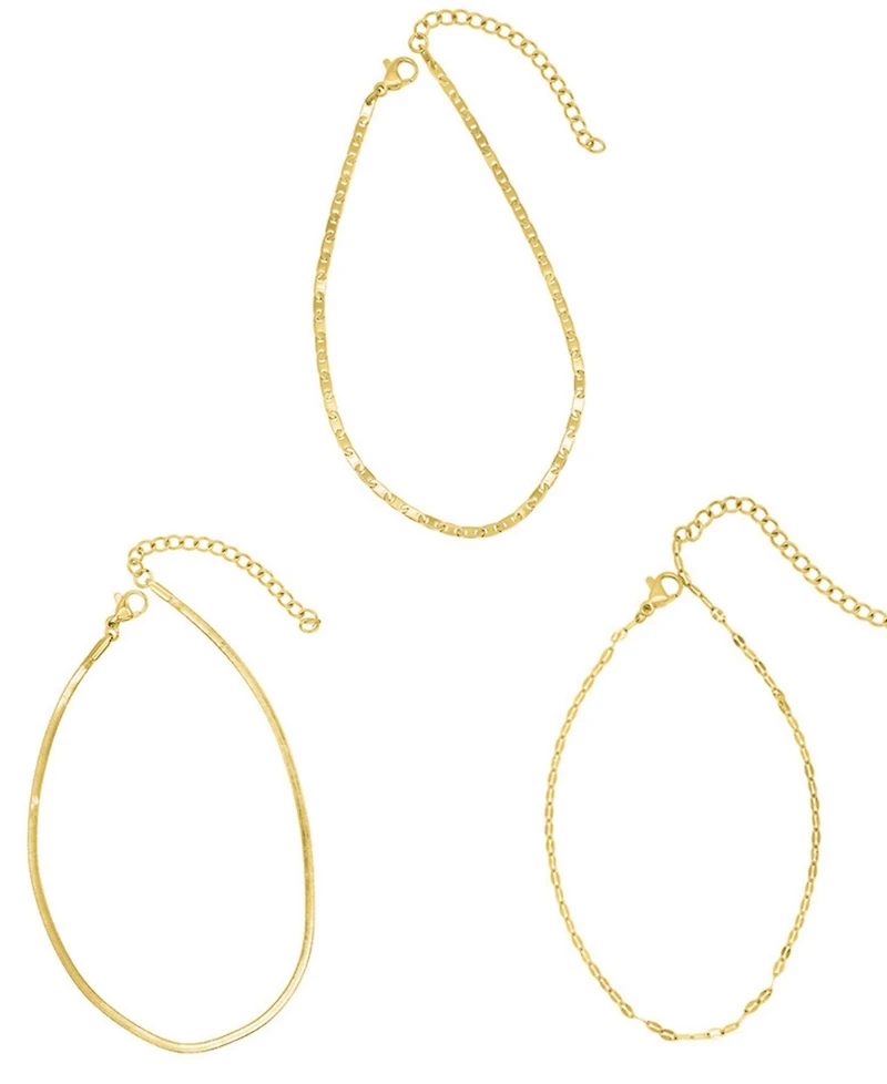 Adornia Gold Tarnish Resistant Adjustable 9-11" Herringbone, Valentina and Mariner Chain Anklet Set