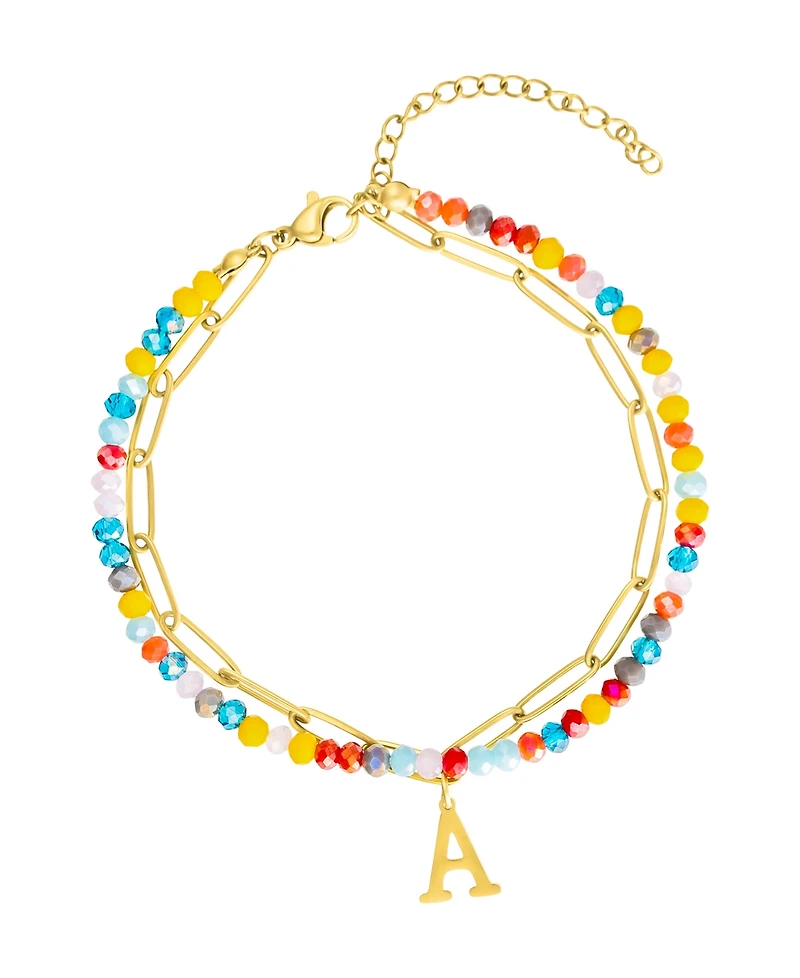 Adornia Gold Adjustable Layered Color Faux Stone and Paperclip Chain Initial Bracelet