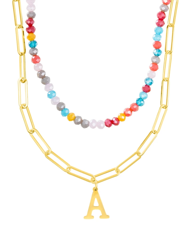 Adornia Gold Adjustable Layered Color Faux Stone Beads and Paperclip Chain Initial Necklace