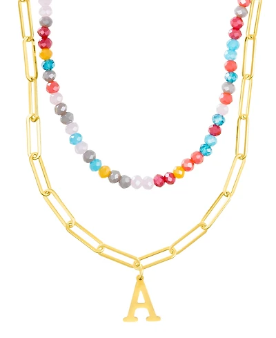 Adornia Gold Adjustable Layered Color Faux Stone Beads and Paperclip Chain Initial Necklace