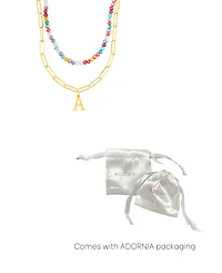 Adornia Gold Adjustable Layered Color Faux Stone Beads and Paperclip Chain Initial Necklace