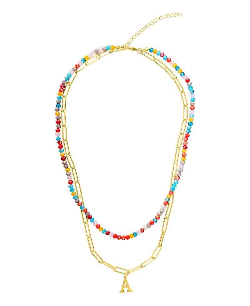 Adornia Gold Adjustable Layered Color Faux Stone Beads and Paperclip Chain Initial Necklace
