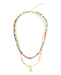 Adornia Gold Adjustable Layered Color Faux Stone Beads and Paperclip Chain Initial Necklace
