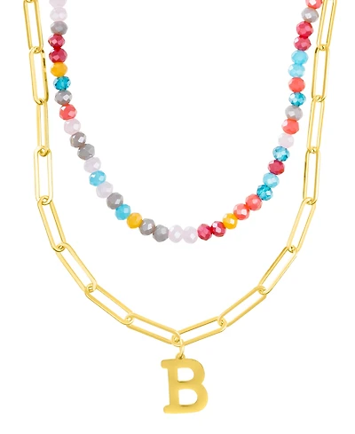 Adornia Gold Adjustable Layered Color Faux Stone Beads and Paperclip Chain Initial Necklace