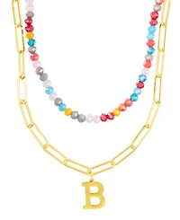 Adornia Gold Adjustable Layered Color Faux Stone Beads and Paperclip Chain Initial Necklace