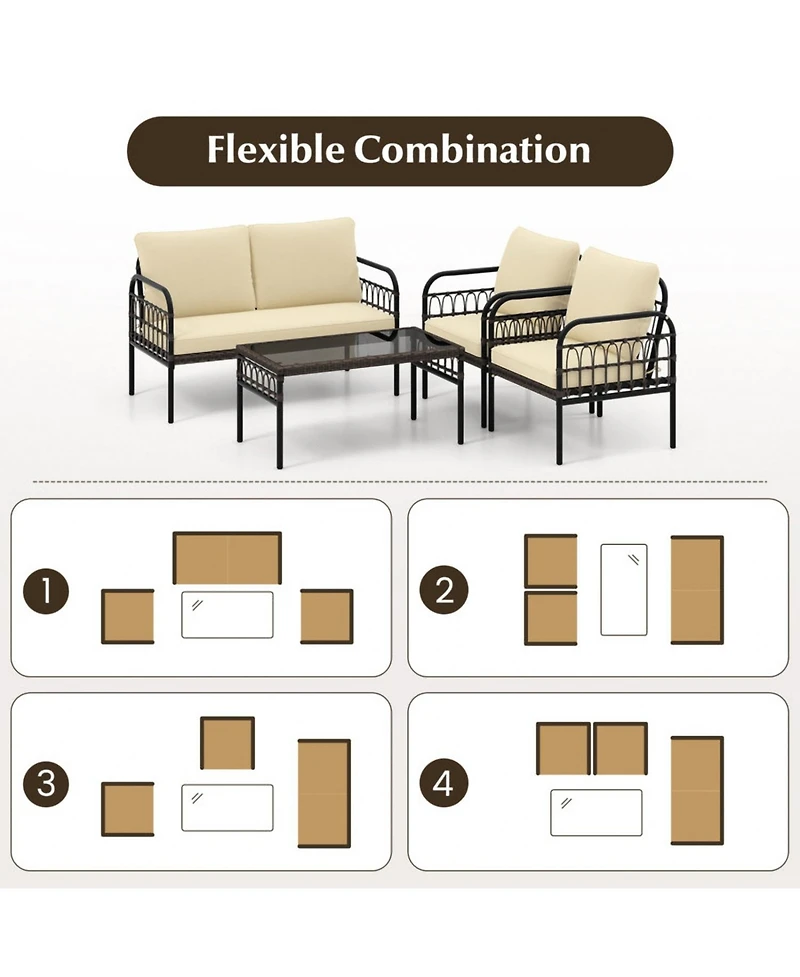 4 Pieces Outdoor Wicker Conversation Bistro Set with Soft Cushions and Tempered Glass Coffee Table