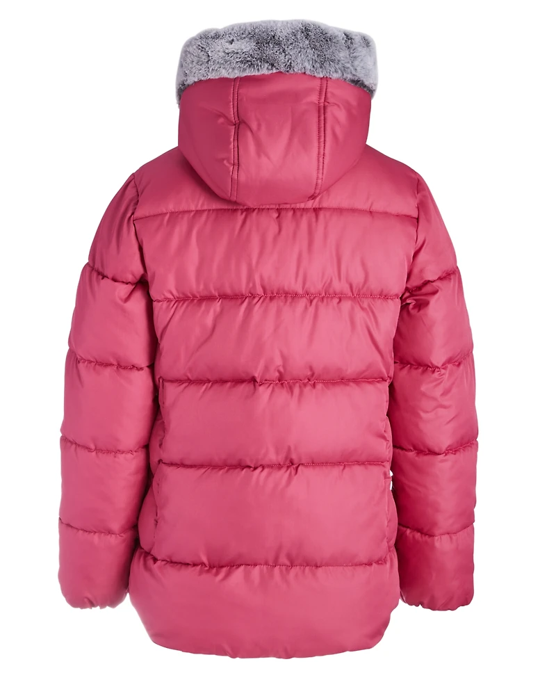 S Rothschild & Co Big Girls Quilted Full-Zip Hooded Puffer Jacket with Faux-Fur Trim & Houndstooth Scarf