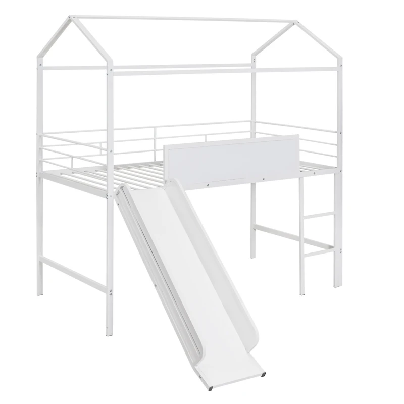 Simplie Fun Metal House Bed With Slide, Twin Loft Two-Sided Writable Wooden Board
