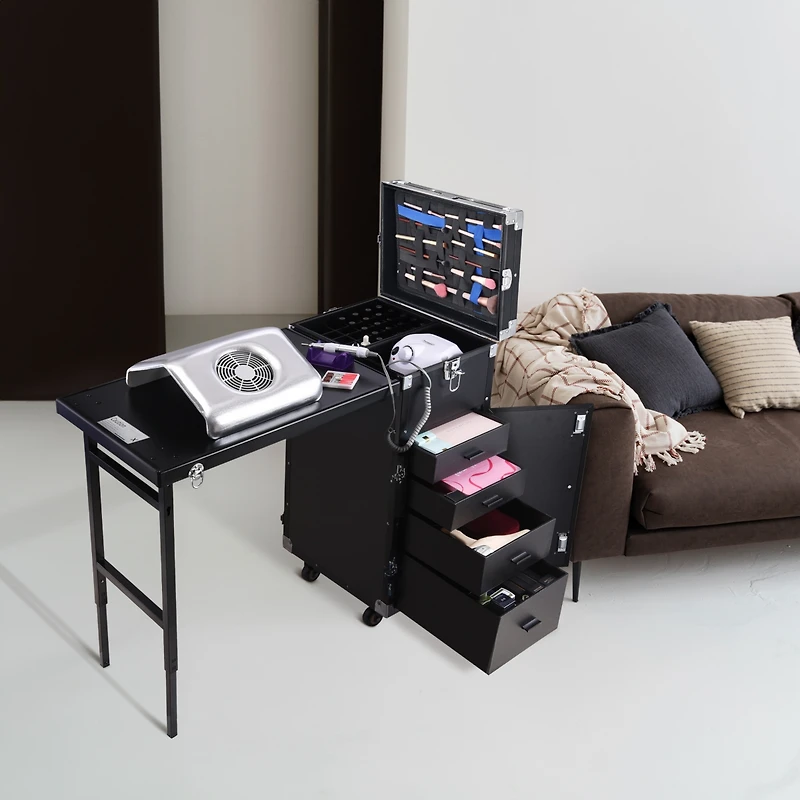 Byootique Aluminum Rolling Makeup Train Case with Table Salon Nail Trolley Cosmetic Organizer Black