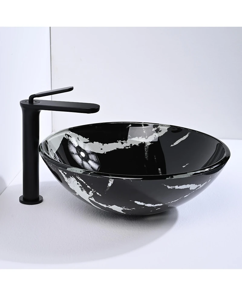 Aquaterior Bathroom Round Tempered Glass Vessel Sink w/ Single-Hole Faucet Drain
