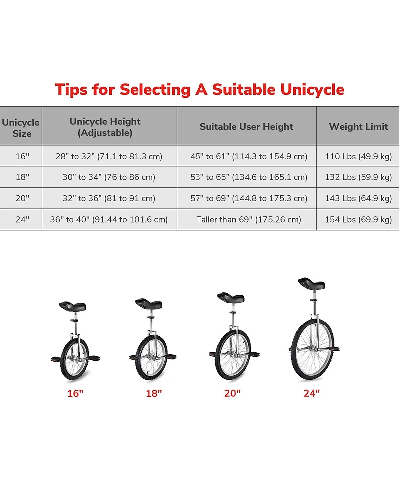 Yescom 18 In Wheel Outdoor Unicycle Skid-proof Tire Fitness Bicycle Balance Training for Adults Teenagers Kids