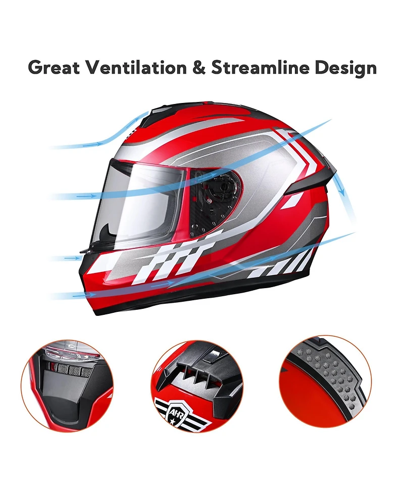Ahr Run-F3 Full Face Motorcycle Helmet Dot Approved Removable Liner Street Bike S