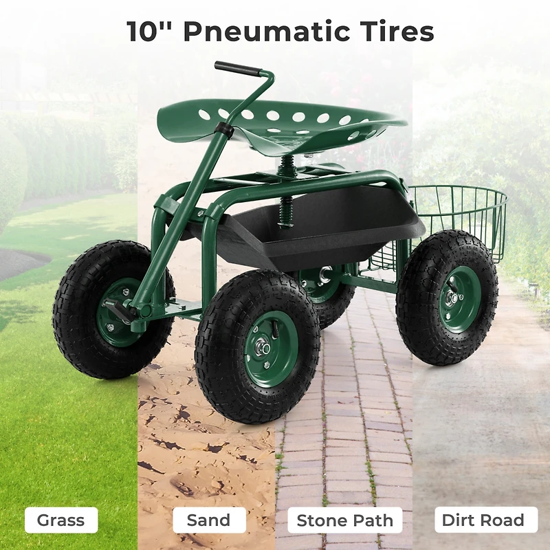 Garden Cart Rolling Work Seat for Planting w/E xtendable Handle
