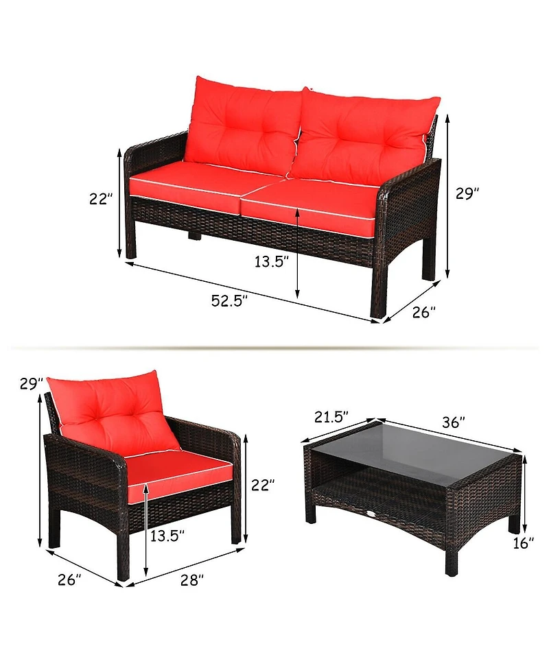 Vebreda 4 Pieces Outdoor Rattan Wicker Loveseat Furniture Set with Cushions