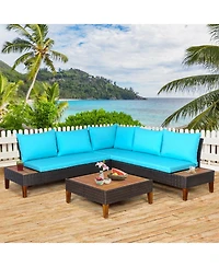 Inolait 4 Pieces Patio Cushioned Rattan Furniture Set with Wooden Side Table