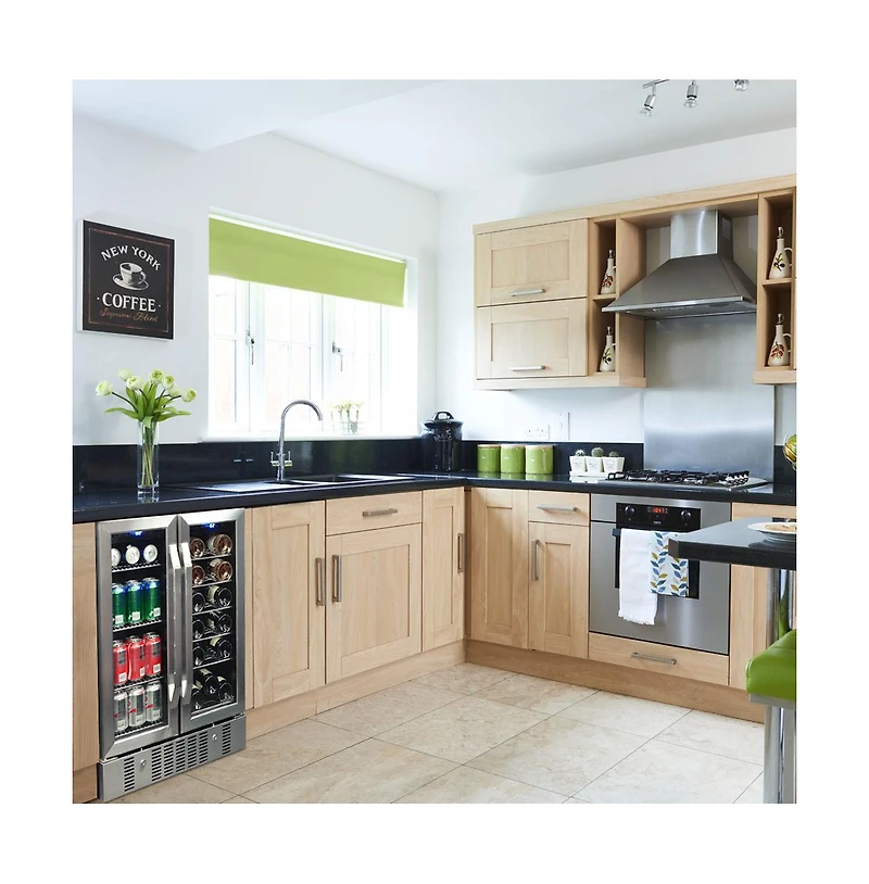 Newair 24" Built-in Dual Zone 18 Bottle and 58 Can Wine and Beverage Fridge in Stainless Steel with French Doors and Chrome Shelves