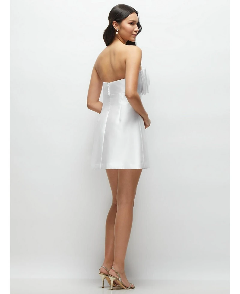 Alfred Sung Women's Oversized Bow Strapless Little White Mini Dress with Pearl Accents