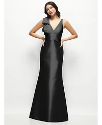 Alfred Sung Women's Deep V-back Satin Trumpet Dress with Cascading Bow at One Shoulder