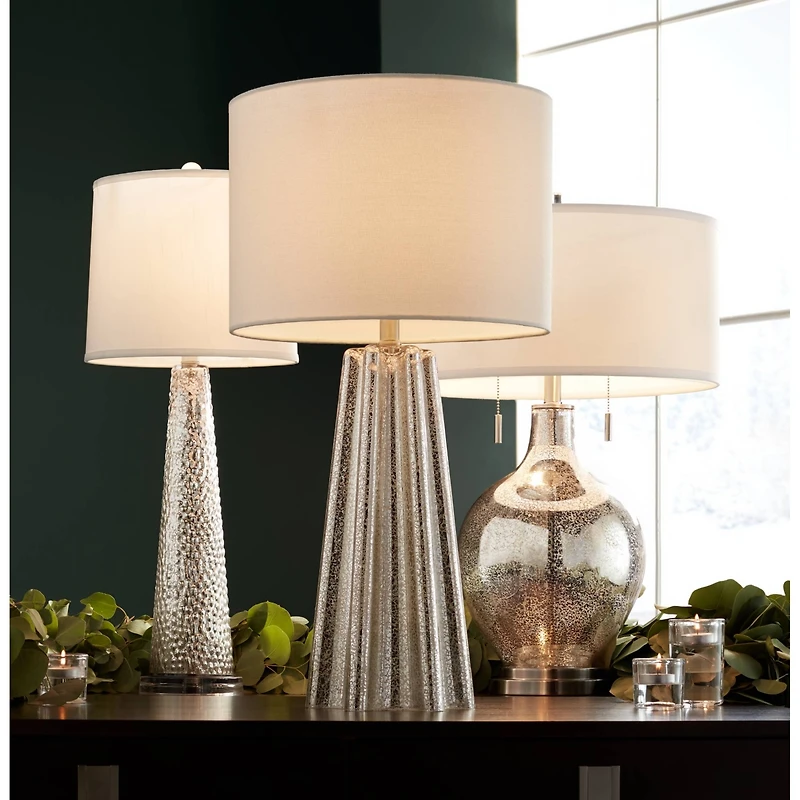 Possini Euro Design Louie 28 1/2" Tall Modern Luxe End Table Lamp Silver Mercury Glass Single White Shade Living Room Bedroom