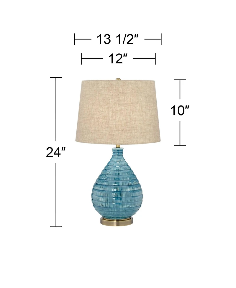 Kayley Mid Century Modern Coastal Table Lamp Textured Ceramic 24" High Sky Blue Glaze Linen Fabric Tapered Drum Shade for Living Room Bedroom House Be