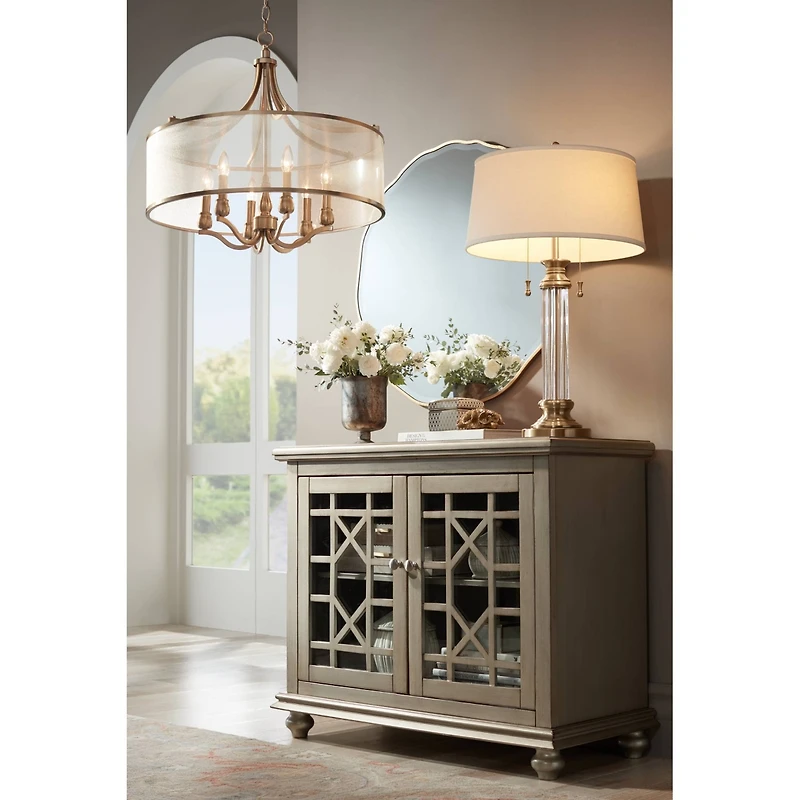 Vienna Full Spectrum Rolland Traditional Table Lamp 30" Tall Crystal Brass Column Off White Tapered Drum Shade for Bedroom Living Room Bedside Of