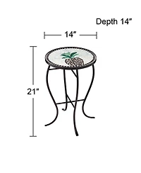 Beige Pineapple Modern Black Metal Round Outdoor Accent Side Table 14" Wide Black Glass Mosaic Tabletop Gracefully Curved Legs for Front Porch Patio H