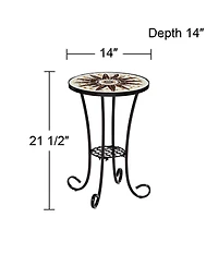 Teal Island Designs Rustic Black Round Outdoor Accent Side Tables 14" Wide Set of 2 Brown Mosaic Tabletop for Front Porch Patio Home House