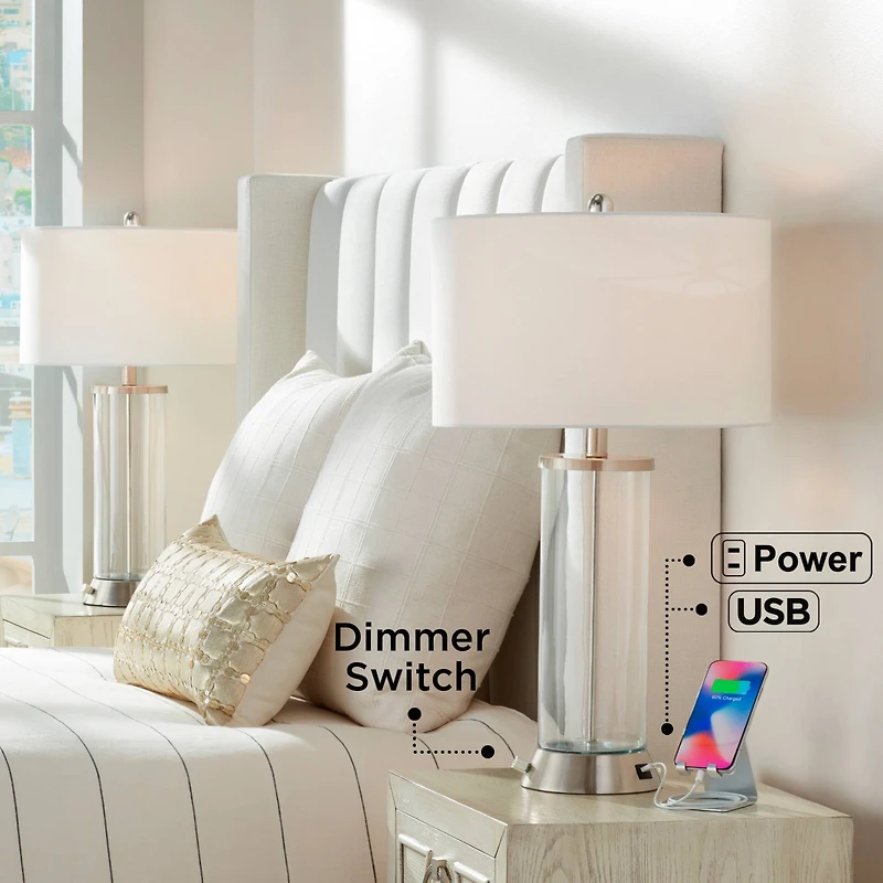 360 Lighting Watkin Modern Table Lamps 27 1/2" Tall Set of 2 Clear Glass with Usb and Ac Power Outlet Led White Shade for Bedroom Living Room Bed