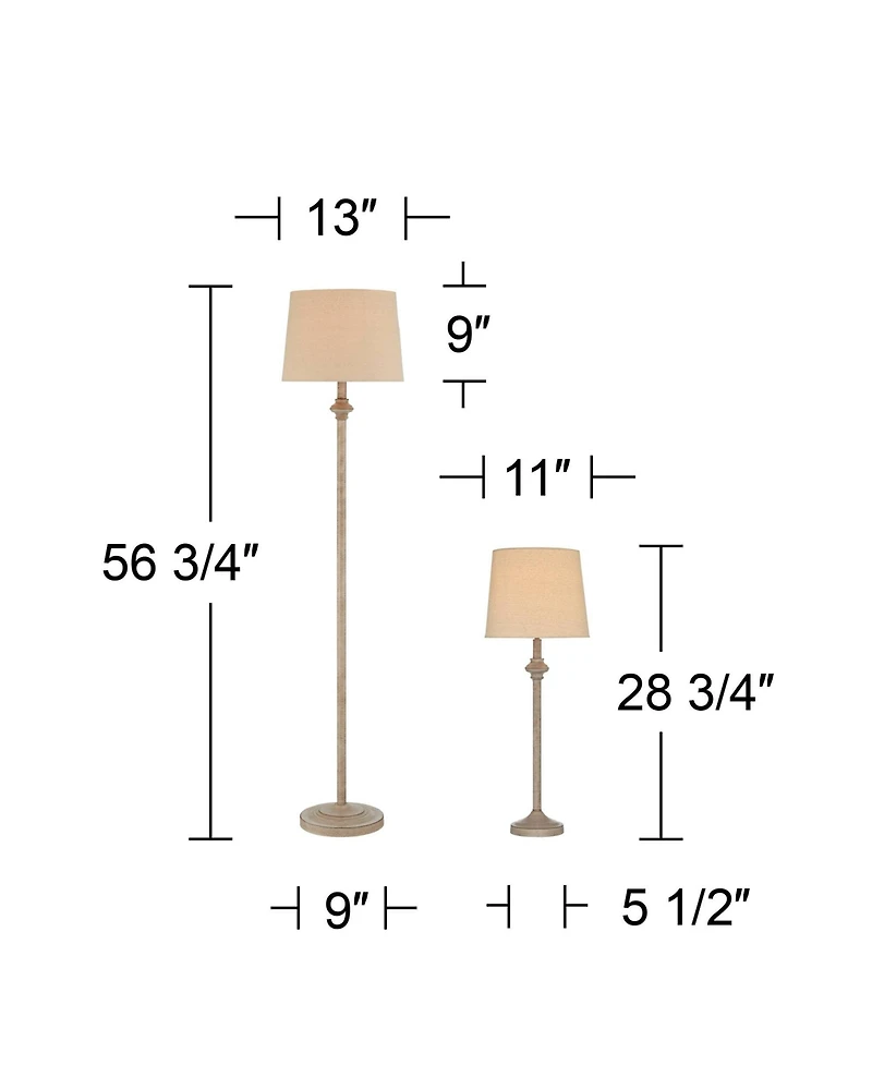 360 Lighting Carter Rustic Farmhouse 3 Piece Table Floor Lamp Set Beige Metal Cream Fabric Tapered Drum Shade for Living Room Bedroom Office House