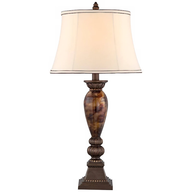 Mulholland Traditional Vintage like Table Lamp 33" Tall Aged Bronze Golden Faux Marble Off White Bell Shade for Living Room Bedroom House Bedside