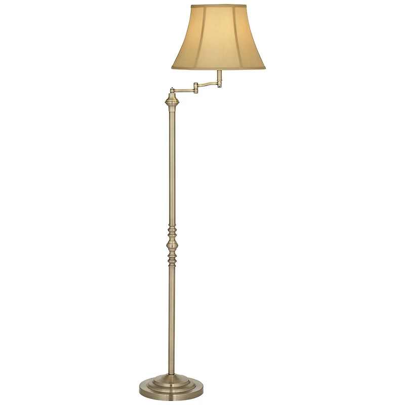 Regency Hill Montebello Vintage Retro Floor Lamp 60" Tall Antique Brass Metal Swing Arm Soft Tan Bell Shade for Living Room Bedroom Office House
