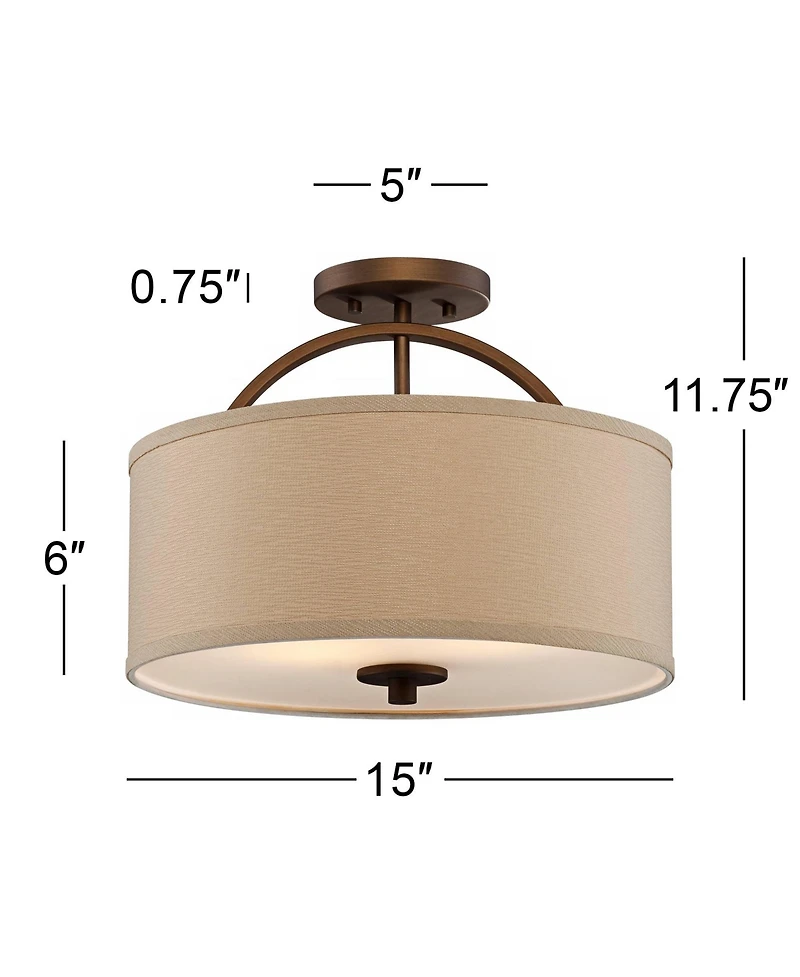 Possini Euro Design Halsted Modern Ceiling Light Semi Flush Mount Fixture 15" Wide Brushed Bronze 2-Light Oatmeal Linen Drum for Bedroom Living R