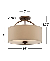 Possini Euro Design Halsted Modern Ceiling Light Semi Flush Mount Fixture 15" Wide Brushed Bronze 2-Light Oatmeal Linen Drum for Bedroom Living R