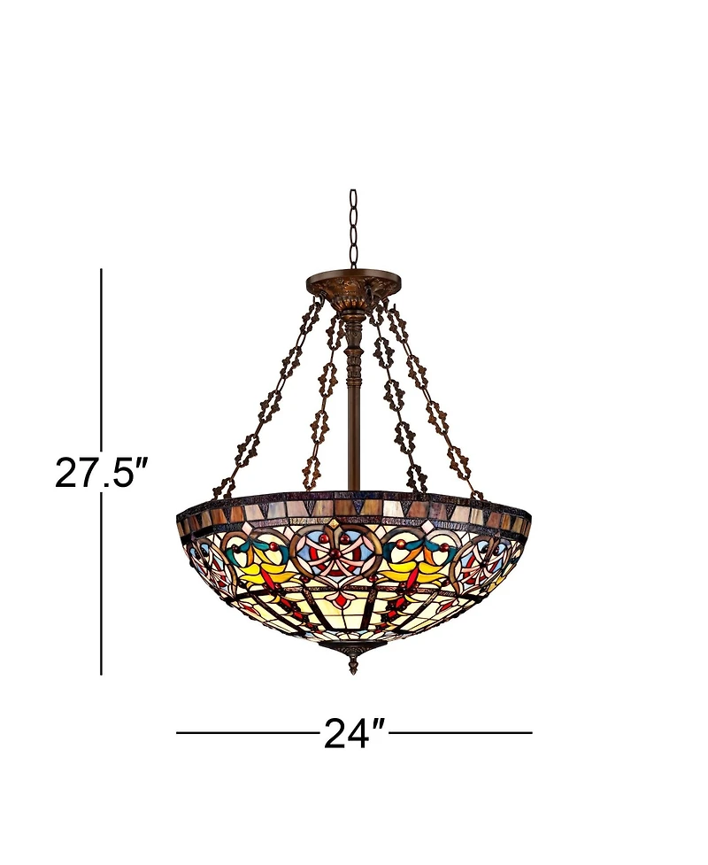 Robert Louis Tiffany Bronze Pendant Chandelier 24" Wide Tiffany Style Ornamental Stained Glass Bowl Fixture Dining Room Kitchen