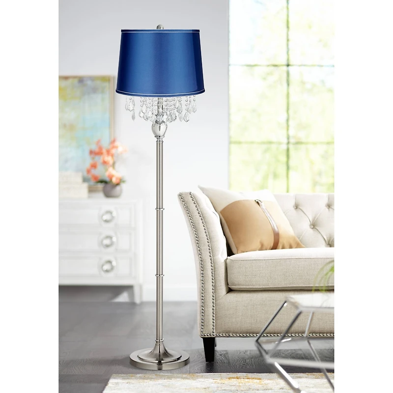 Springcrest Drum Lamp Shade Sydnee Satin Blue Medium 14" Top x 16" Bottom x 11" High Spider with Replacement Harp and Finial Fitting
