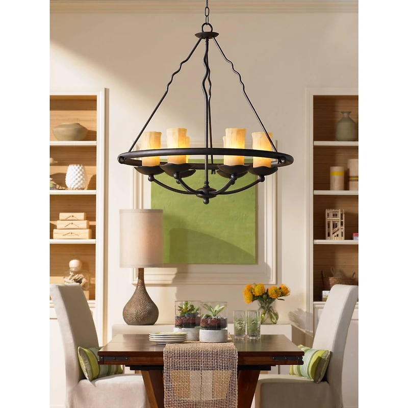 360 Lighting Chalane Rustic Table Lamp 31 1/4" Tall Antique Bronze Hammered Gourd Natural Linen Cylinder Shade for Bedroom Living Room Bedside Of