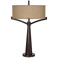 Tremont Rustic Farmhouse Table Lamp 31 1/2" Tall Allegheny Bronze Brown Iron Burlap Fabric Drum Shade for Bedroom Living Room House Home Bedside Night