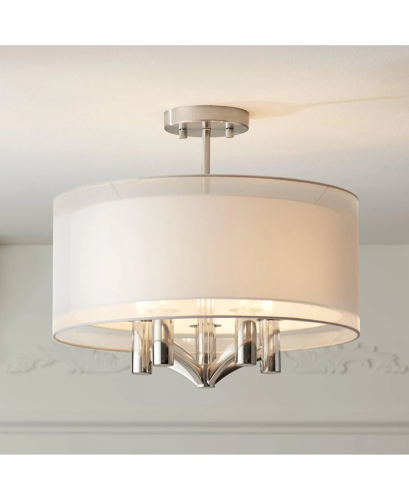 Possini Euro Design Modern Ceiling Light Semi Flush Mount Fixture Brushed Nickel 18" Wide Sheer Silver Double Drum Bedroom Kitchen