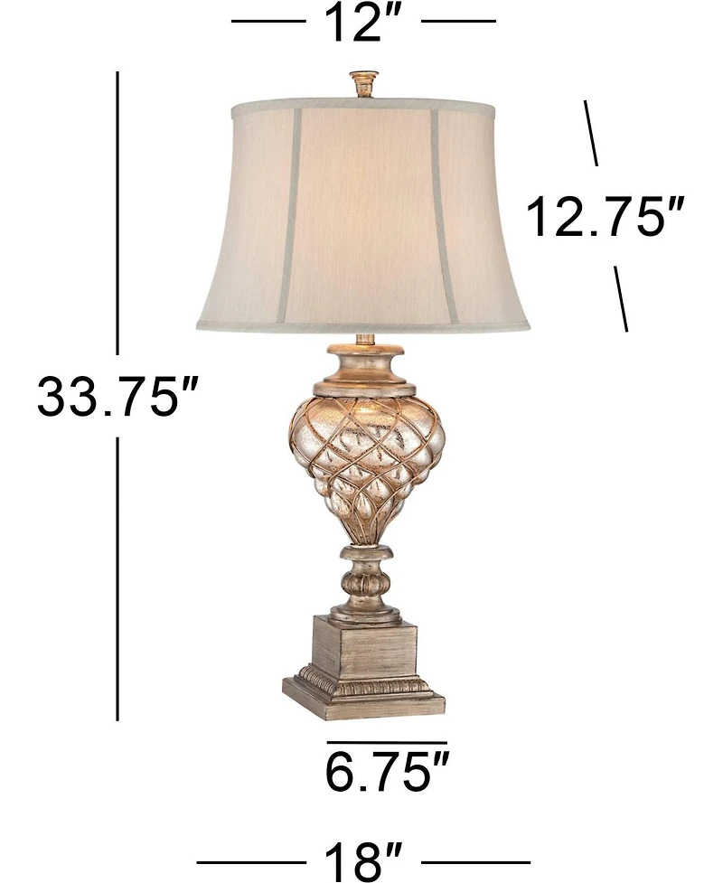 Barnes and Ivy Luke Traditional Table Lamp 33 3/4" Tall Mercury Glass with Nightlight Led Off White Mist Fabric Bell Shade for Bedroom Living Roo