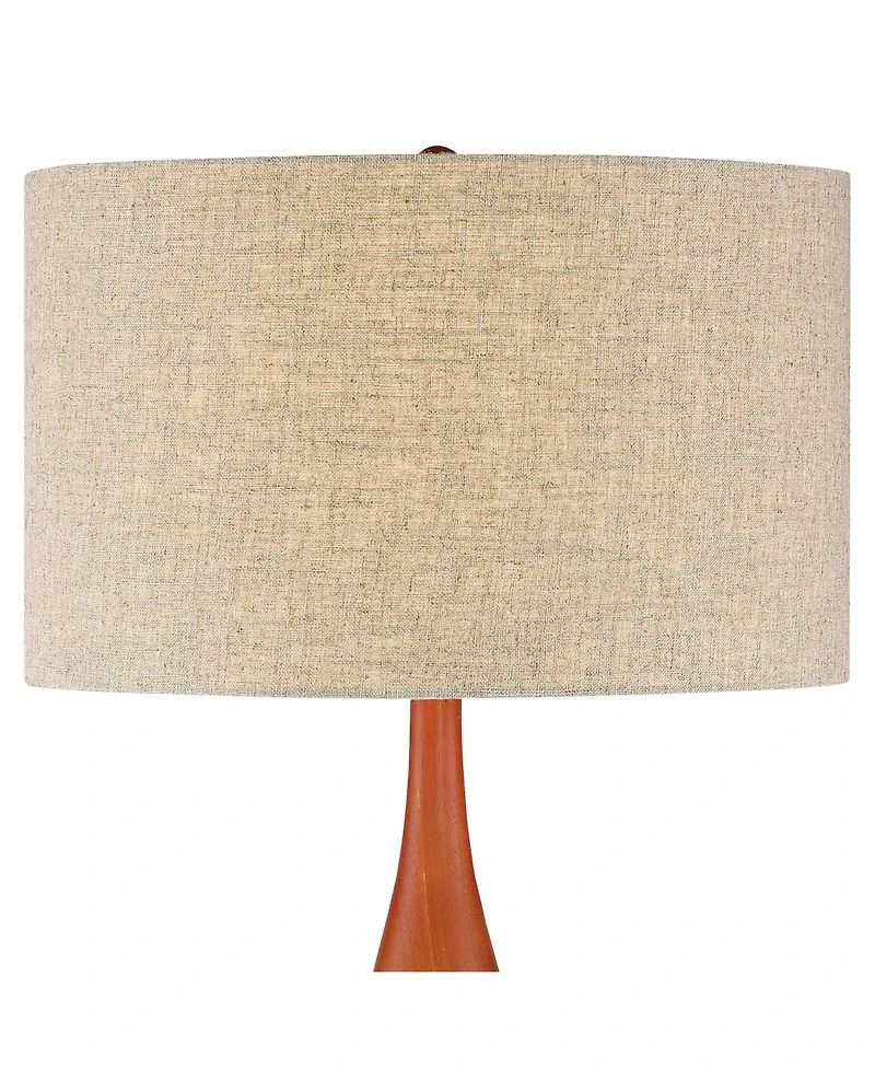 Rocco Mid Century Modern Table Lamp 30" Tall White Wave Geometric Ceramic Oak Wooden Neck Tan Fabric Drum Shade for Living Room Bedroom House Bedside