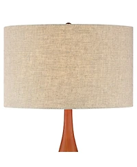 Rocco Mid Century Modern Table Lamp 30" Tall White Wave Geometric Ceramic Oak Wooden Neck Tan Fabric Drum Shade for Living Room Bedroom House Bedside