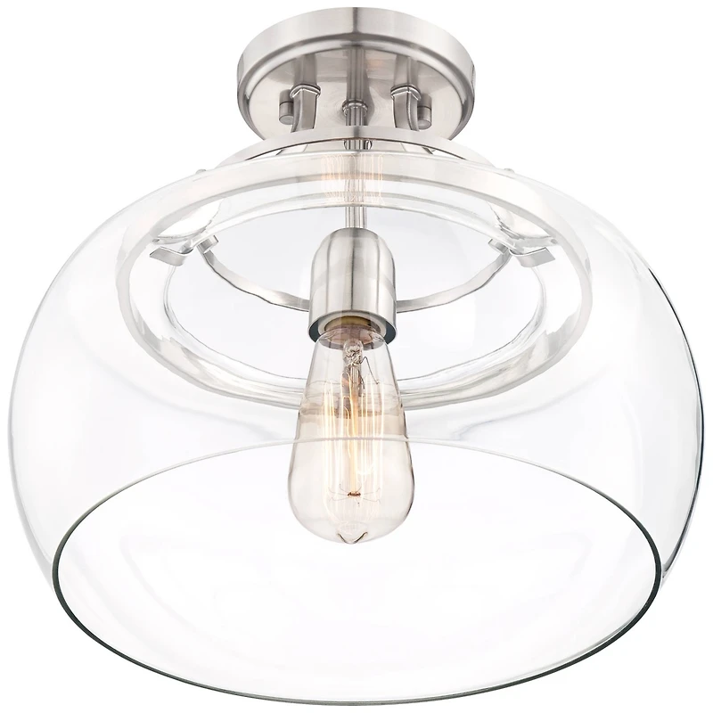 Franklin Iron Works Charleston Industrial Rustic Farmhouse Ceiling Light Semi Flush-Mount Fixture 13 1/2" Wide Brushed Nickel Led Clear Glass Shade fo