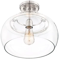 Franklin Iron Works Charleston Industrial Rustic Farmhouse Ceiling Light Semi Flush-Mount Fixture 13 1/2" Wide Brushed Nickel Led Clear Glass Shade fo