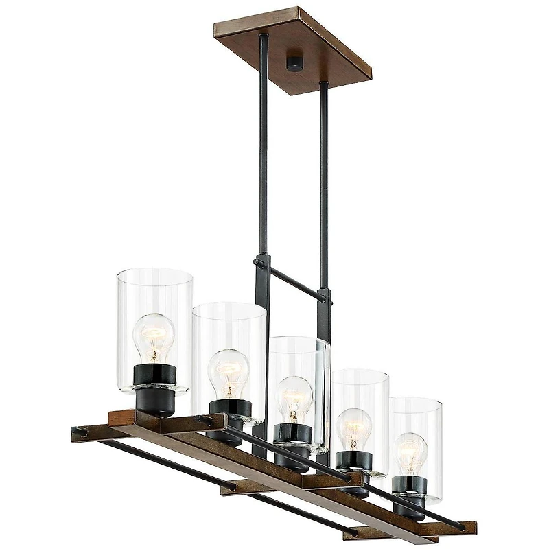 Franklin Iron Works Ranger Dust Bronze Wood Linear Pendant Chandelier 36 3/4" Wide Rustic Clear Glass 5-Light Fixture for Dining Room Kitchen Isl