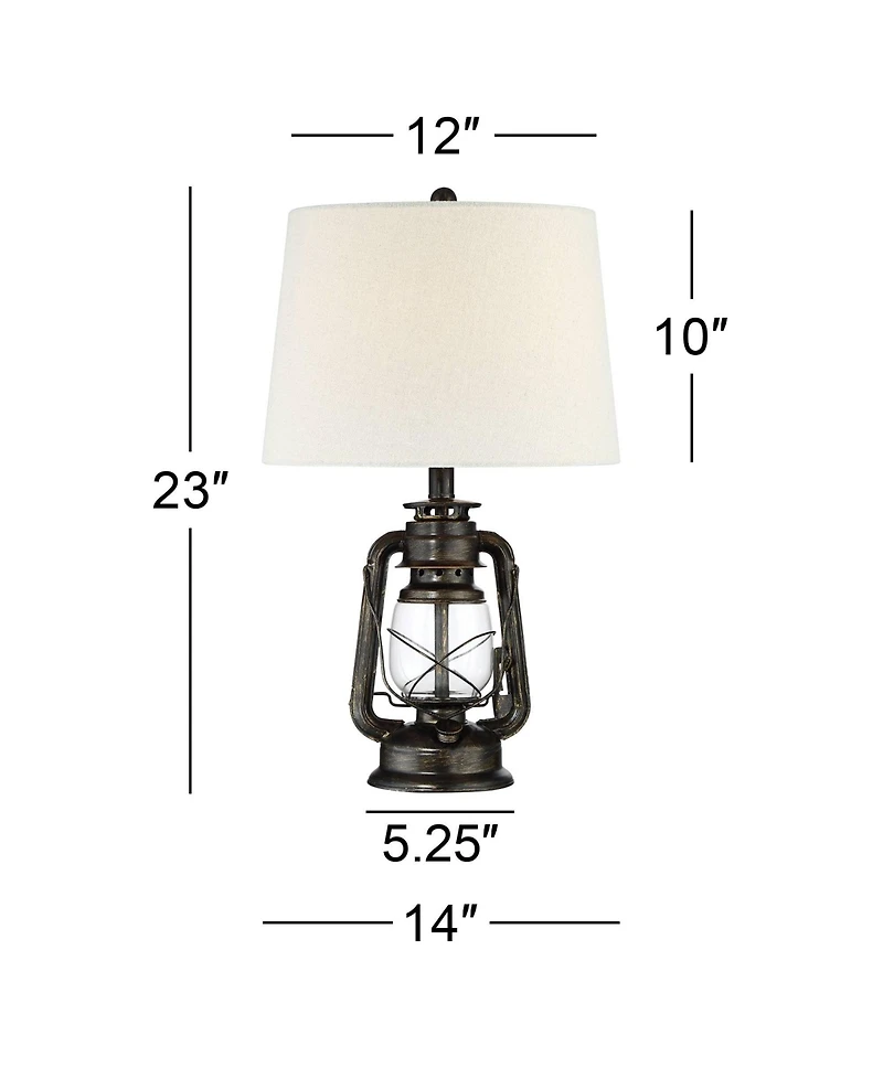 Murphy Industrial Rustic Accent Table Lamp Miner Lantern 23" High Weathered Bronze Metal Clear Glass Oatmeal Fabric Drum Shade Decor for Living Room B
