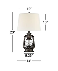 Murphy Industrial Rustic Accent Table Lamp Miner Lantern 23" High Weathered Bronze Metal Clear Glass Oatmeal Fabric Drum Shade Decor for Living Room B